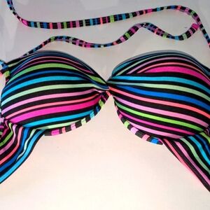 80's Neon Multicolor Striped Bikini Top. Push Up & Padded